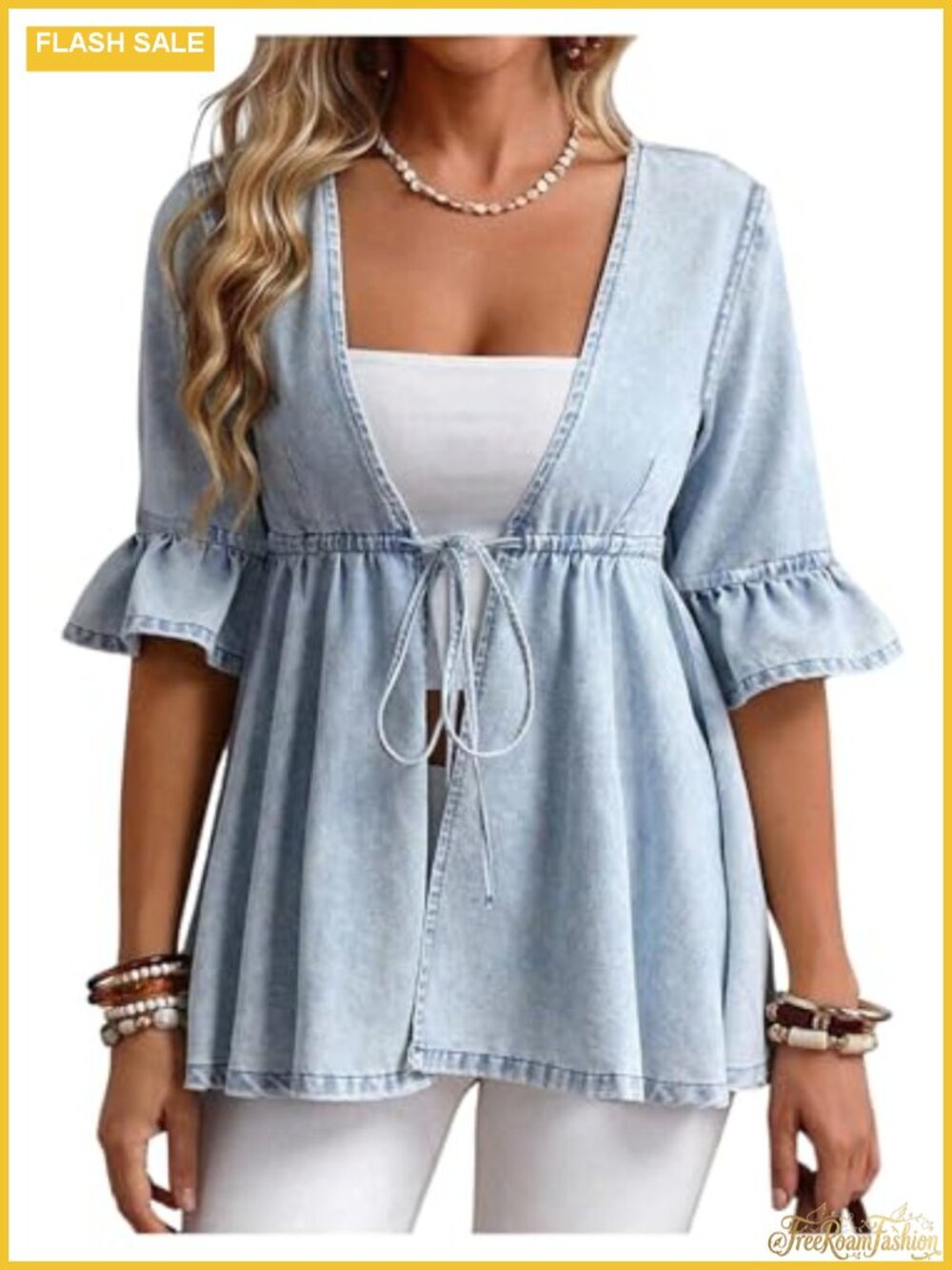 Plus Size Peplum Denim Jacket Deep V Neck Tie Front Ruffle Half Sleeve